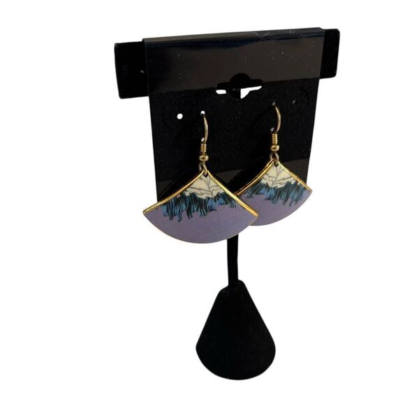 Elegant Hand Painted Rose Gold Trimmed White, Blue & Lavender Fan Earrings - Picture 2 of 6